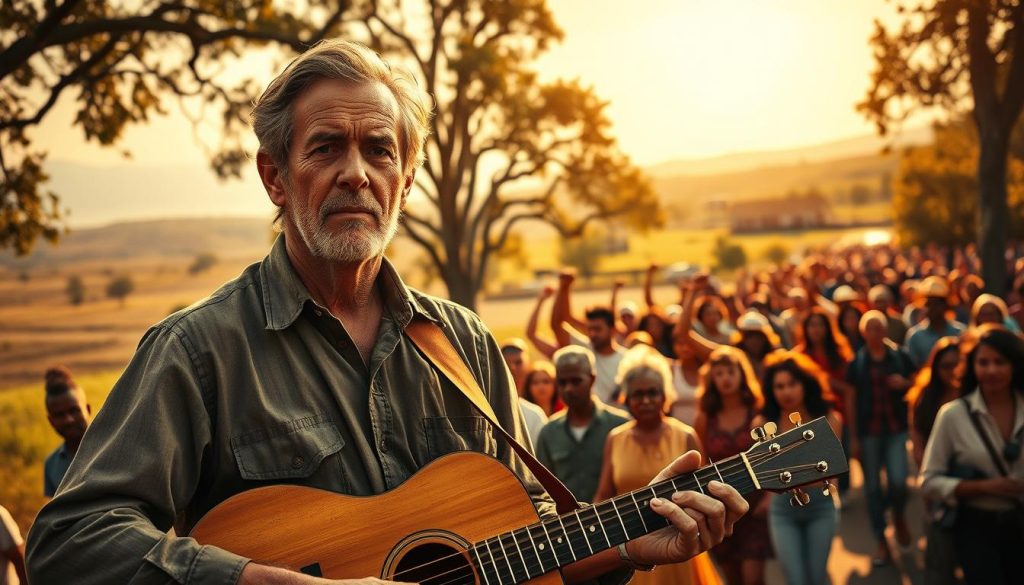 A serene folk music scene set in the 1940s American South. In the foreground, Woody Guthrie stands tall, guitar in hand, his weathered face conveying a sense of determination and passion. Behind him, a diverse crowd of people marches, their fists raised high in solidarity, representing the civil rights movement he championed through his music. The middle ground features a backdrop of rolling hills, sun-dappled trees, and a small, close-knit community, reflecting the rural landscapes that inspired Guthrie's songwriting. The lighting is warm and golden, casting a nostalgic glow over the scene, evocative of the era. The overall mood is one of hope, resilience, and the power of music to unite and inspire social change. A serene folk music scene set in the 1940s American South. In the foreground, Woody Guthrie stands tall, guitar in hand, his weathered face conveying a sense of determination and passion. Behind him, a diverse crowd of people marches, their fists raised high in solidarity, representing the civil rights movement he championed through his music. The middle ground features a backdrop of rolling hills, sun-dappled trees, and a small, close-knit community, reflecting the rural landscapes that inspired Guthrie's songwriting. The lighting is warm and golden, casting a nostalgic glow over the scene, evocative of the era. The overall mood is one of hope, resilience, and the power of music to unite and inspire social change.