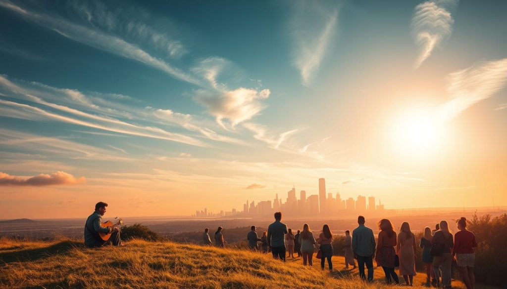 A serene outdoor scene, with a lone figure sitting on a grassy hill, a guitar in hand. Warm, golden sunlight filters through wispy clouds, casting a soft glow over the peaceful landscape. In the middle ground, a group of people of diverse backgrounds gather, their bodies swaying gently to the rhythm of the music. In the distance, a city skyline stands as a testament to the power of music to transcend boundaries and unite communities. The overall atmosphere conveys a sense of liberation, empowerment, and the transformative potential of music as a tool for social change. A serene outdoor scene, with a lone figure sitting on a grassy hill, a guitar in hand. Warm, golden sunlight filters through wispy clouds, casting a soft glow over the peaceful landscape. In the middle ground, a group of people of diverse backgrounds gather, their bodies swaying gently to the rhythm of the music. In the distance, a city skyline stands as a testament to the power of music to transcend boundaries and unite communities. The overall atmosphere conveys a sense of liberation, empowerment, and the transformative potential of music as a tool for social change.
