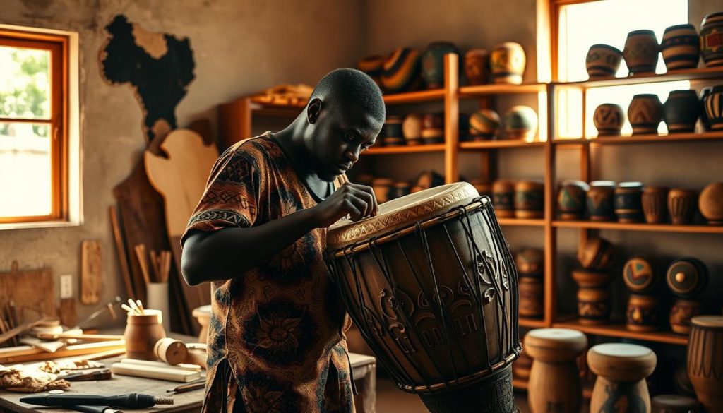 A skilled artisan deeply focused on crafting a traditional djembé in a sunlit workshop. In the foreground, the artisan, dressed in modest, colorful casual clothing, expertly shapes the wooden body of the drum, revealing intricate carvings that symbolize African heritage and culture. Tools and raw materials, like cowhide and various woods, are arranged thoughtfully on a nearby workbench, showcasing the craftsmanship involved. In the middle ground, shelves filled with completed djembés display an array of vibrant colors and patterns, highlighting the diversity of styles. The background features natural light filtering through a window, casting warm shadows that enhance the cozy and inviting atmosphere of the workshop. The overall mood captures the dedication and artistry of traditional African drum-making.