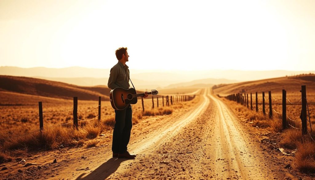 A sun-dappled rural landscape, a lone figure standing on a dusty road, guitar in hand, gazing off into the distance. The scene evokes a sense of wanderlust and the open road, with a vintage sepia-toned palette and soft, diffused lighting that lends an atmospheric, nostalgic quality. The figure's posture is resolute, their eyes filled with determination, as if they are "bound for glory" - a journey of self-discovery and the pursuit of musical expression. In the middle ground, a weathered wooden fence and rolling hills, while the background features a hazy horizon, suggesting the expansive possibilities that lie ahead. The overall composition conveys a sense of timelessness, capturing the spirit of Woody Guthrie's iconic "Bound for Glory" autobiography.