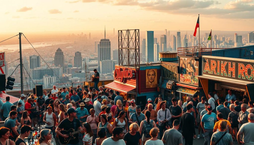 A vibrant collage depicting the essence of popular culture, set against a lively urban backdrop. In the foreground, a diverse crowd of people engage in various forms of artistic expression - musicians playing instruments, street performers showcasing their talents, and a bustling marketplace filled with vendors and shoppers. The middle ground features iconic symbols of popular culture, such as neon signs, vintage movie posters, and graffiti-adorned walls. The background is a panoramic view of a thriving city skyline, bathed in warm, golden lighting that creates a sense of energy and vitality. The overall scene conveys a celebration of the rich tapestry of cultural influences that shape the experiences of everyday people. A vibrant collage depicting the essence of popular culture, set against a lively urban backdrop. In the foreground, a diverse crowd of people engage in various forms of artistic expression - musicians playing instruments, street performers showcasing their talents, and a bustling marketplace filled with vendors and shoppers. The middle ground features iconic symbols of popular culture, such as neon signs, vintage movie posters, and graffiti-adorned walls. The background is a panoramic view of a thriving city skyline, bathed in warm, golden lighting that creates a sense of energy and vitality. The overall scene conveys a celebration of the rich tapestry of cultural influences that shape the experiences of everyday people.