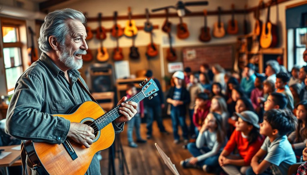 A vibrant, educational musical scene featuring Woody Guthrie. In the foreground, Guthrie stands tall, strumming his guitar and singing passionately. His weathered face exudes wisdom and purpose. The middle ground showcases a diverse group of students, children and adults, gathered around him, listening intently and tapping their feet to the rhythm. The background depicts a cozy, rustic setting - a community center or school, with warm lighting and acoustic instruments hanging on the walls, creating an atmosphere of learning and inspiration. The scene conveys the power of Guthrie's music to educate and uplift, fostering a sense of community and shared experience. A vibrant, educational musical scene featuring Woody Guthrie. In the foreground, Guthrie stands tall, strumming his guitar and singing passionately. His weathered face exudes wisdom and purpose. The middle ground showcases a diverse group of students, children and adults, gathered around him, listening intently and tapping their feet to the rhythm. The background depicts a cozy, rustic setting - a community center or school, with warm lighting and acoustic instruments hanging on the walls, creating an atmosphere of learning and inspiration. The scene conveys the power of Guthrie's music to educate and uplift, fostering a sense of community and shared experience.