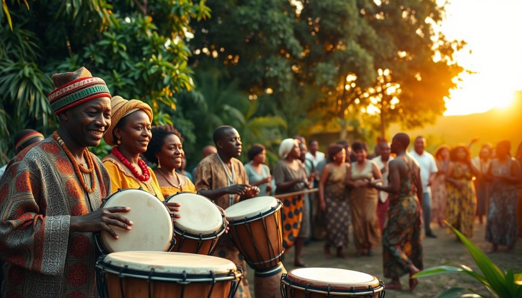 A vibrant scene capturing African ceremonies centered around the djembé drum. In the foreground, a group of three to five people clad in traditional African attire plays djembés, showcasing their passionate expressions. The middle ground features a diverse gathering of community members, dancing and celebrating, their movements filled with joy and rhythm. In the background, lush greenery and a setting sun cast a warm, golden hue over the gathering, enhancing the festive atmosphere. The scene is alive with energy, highlighting the drum's central role in uniting people and enriching social life. Use soft, natural lighting to create a welcoming, harmonious mood while ensuring a balanced composition.