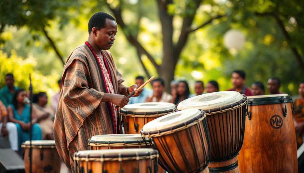 A vibrant scene showcasing the techniques of playing the djembé. In the foreground, a skilled percussionist is captured mid-performance, wearing traditional West African attire, with a focused expression as they strike the drum. The middle ground features a variety of djembés of different sizes, emphasizing their craftsmanship and cultural significance. The background reveals a lively outdoor setting with lush greenery and blurred silhouettes of an engaged audience, creating a sense of community. Soft, warm lighting bathes the scene, suggesting an afternoon concert filled with rich rhythm and energy. The composition is dynamically angled to draw viewers into the rhythm and movement of the performance, evoking a festive, celebratory atmosphere reflective of African musical traditions.