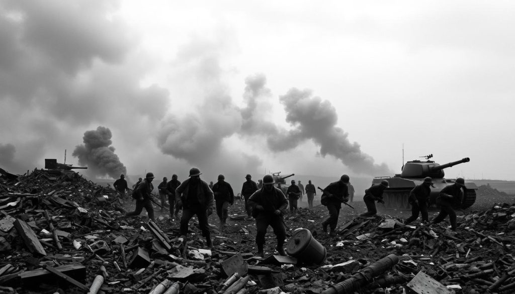 A war-torn landscape under a somber gray sky, with billowing smoke and debris-strewn rubble in the foreground. In the middle ground, soldiers in tattered uniforms struggle amidst the chaos, their faces etched with determination and anguish. In the background, the silhouettes of artillery and armored vehicles loom, a grim reminder of the relentless machinery of conflict. The scene conveys the utter devastation and human toll of the Second World War, a fitting visual representation of the impact on the life and work of Woody Guthrie. A war-torn landscape under a somber gray sky, with billowing smoke and debris-strewn rubble in the foreground. In the middle ground, soldiers in tattered uniforms struggle amidst the chaos, their faces etched with determination and anguish. In the background, the silhouettes of artillery and armored vehicles loom, a grim reminder of the relentless machinery of conflict. The scene conveys the utter devastation and human toll of the Second World War, a fitting visual representation of the impact on the life and work of Woody Guthrie.