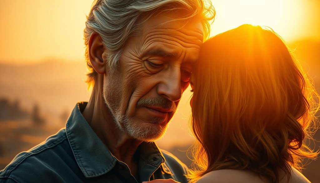 A warm, intimate portrait of Woody Guthrie in a moment of tender affection, bathed in the golden glow of a setting sun. Guthrie's weathered face is illuminated with a serene, contemplative expression, his eyes softly focused on an unseen loved one. The background is a hazy, impressionistic landscape of rolling hills and distant trees, suggesting a sense of timelessness and universal human connection. The composition is balanced and harmonious, drawing the viewer's attention to the central figure and the emotion he conveys. Subtle textures and a painterly, romantic aesthetic evoke the poetic nature of Guthrie's music and lyrics, which celebrate the healing power of love. A warm, intimate portrait of Woody Guthrie in a moment of tender affection, bathed in the golden glow of a setting sun. Guthrie's weathered face is illuminated with a serene, contemplative expression, his eyes softly focused on an unseen loved one. The background is a hazy, impressionistic landscape of rolling hills and distant trees, suggesting a sense of timelessness and universal human connection. The composition is balanced and harmonious, drawing the viewer's attention to the central figure and the emotion he conveys. Subtle textures and a painterly, romantic aesthetic evoke the poetic nature of Guthrie's music and lyrics, which celebrate the healing power of love.