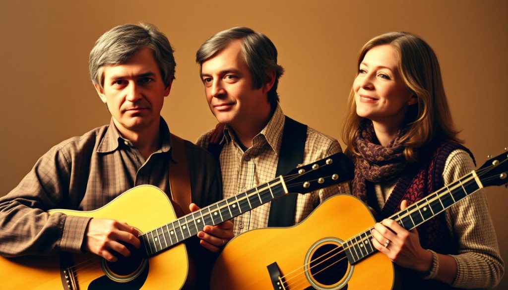 A warm, nostalgic portrait of the renowned folk trio Peter, Paul and Mary, captured in an intimate studio setting. They stand shoulder-to-shoulder, gazing thoughtfully, their acoustic guitars a symbol of their timeless music. Peter's intense expression, Paul's pensive gaze, and Mary's serene smile convey the deep connection they shared. Soft, diffused lighting bathes them in a golden glow, evoking the folk revival era. The background is blurred, keeping the focus solely on the trio's enduring camaraderie and the musical legacy they left behind. A warm, nostalgic portrait of the renowned folk trio Peter, Paul and Mary, captured in an intimate studio setting. They stand shoulder-to-shoulder, gazing thoughtfully, their acoustic guitars a symbol of their timeless music. Peter's intense expression, Paul's pensive gaze, and Mary's serene smile convey the deep connection they shared. Soft, diffused lighting bathes them in a golden glow, evoking the folk revival era. The background is blurred, keeping the focus solely on the trio's enduring camaraderie and the musical legacy they left behind.