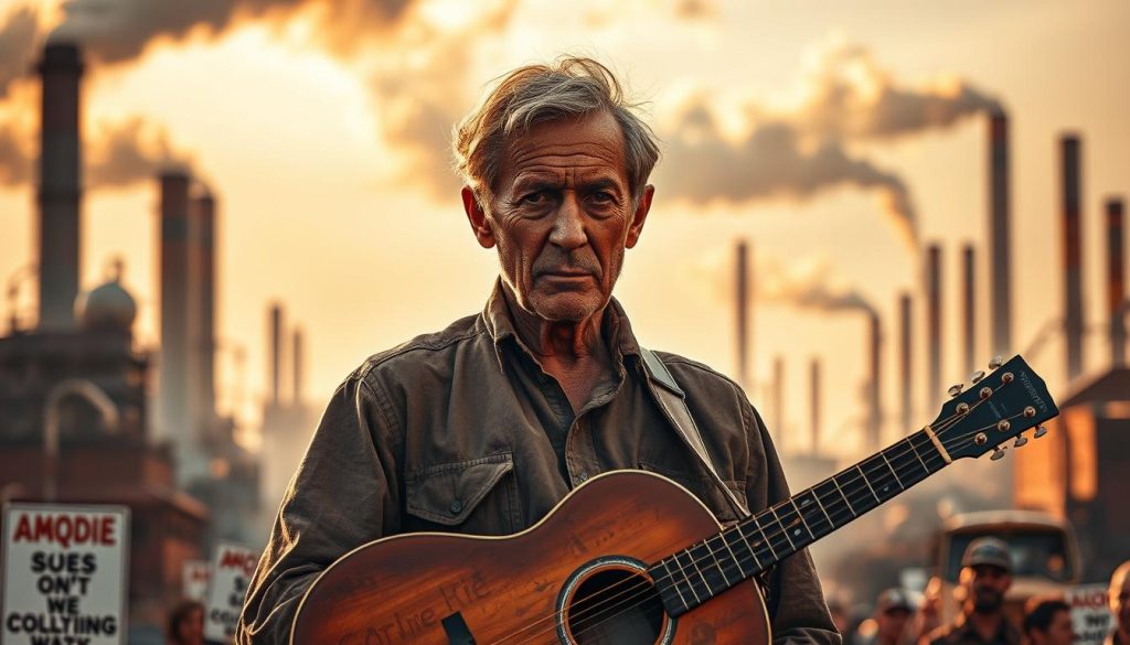 A weathered Woody Guthrie stands center stage, his iconic guitar slung over his shoulder, against a backdrop of industrial cityscape and factory smokestacks. The scene is cast in warm, golden light, creating a pensive, reflective mood. Guthrie's weathered face conveys a sense of simmering frustration and righteous indignation, his eyes piercing through the viewer as he delivers his impassioned critique of the capitalist system. In the foreground, subtle details like protest signs and worker's tools hint at the social and economic struggles that inspired Guthrie's iconic folk anthems. The overall composition suggests a powerful synthesis of art, activism, and the human experience.