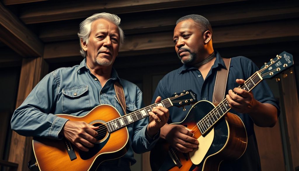Woody Guthrie and Lead Belly, two legendary folk musicians, standing side by side, their weathered faces etched with the hardships and triumphs of their lives. Guthrie, with his iconic guitar and a worn, denim-clad figure, his eyes shining with a fierce determination. Lead Belly, tall and imposing, his hands clasped around the neck of his 12-string guitar, his gaze fixed on his longtime friend and collaborator. The scene is set against a backdrop of a dimly lit, rustic interior, wooden beams and worn floorboards creating a sense of timelessness. Soft, warm lighting casts a gentle glow, highlighting the intimacy and camaraderie between these two titans of American folk music.