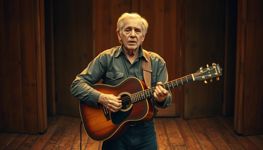Woody Guthrie stands center stage, guitar in hand, passionately singing folk songs. His weathered face and calloused fingers convey a lifetime of struggle and resilience. The warm, golden lighting casts a soft glow, highlighting the wrinkles and creases that tell his story. In the background, a simple stage with a worn wooden floor and a backdrop of rich, earthy tones evokes the intimate, homespun atmosphere of a folk music performance. The scene exudes a sense of authenticity and timelessness, capturing the essence of Guthrie's enduring legacy as a champion of the common people and a seminal figure in the American folk music tradition.