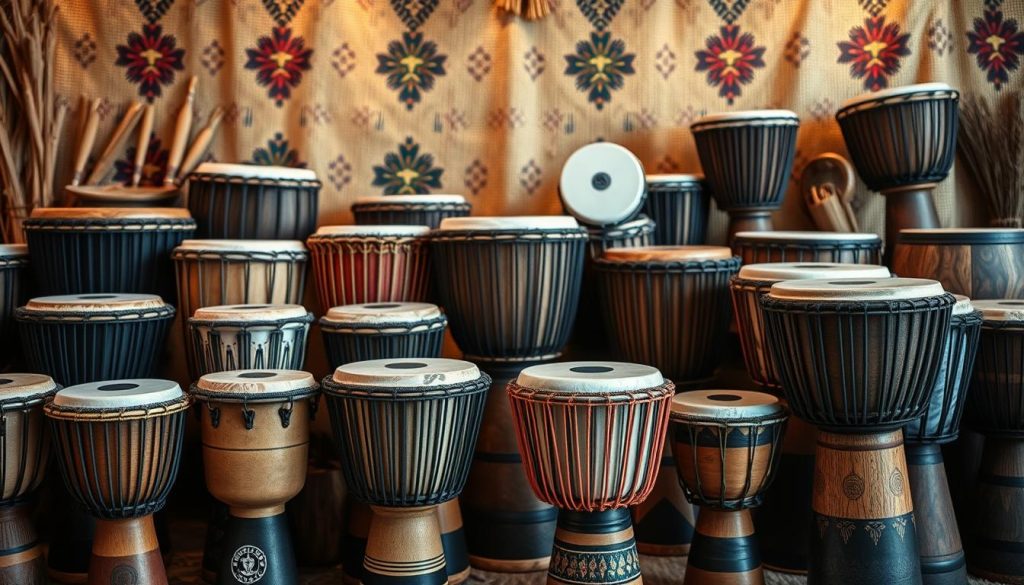 A beautifully arranged display of various djembé drums against a softly blurred backdrop of natural fibers and cultural patterns. In the foreground, a variety of djembé brands and models are showcased, featuring detailed textures of the drum heads and intricate carvings. The middle section highlights the differences in sizes and styles, with some drums adorned in vibrant colors while others exhibit a rustic, traditional finish. The background incorporates warm, diffused lighting that creates a welcoming atmosphere, emphasizing the craftsmanship and artistry of each piece. The angle captures both close-up views and wider shots, allowing the viewer to appreciate the unique attributes of each djembé. Overall, the mood is one of celebration and respect for the musical heritage these instruments represent. A beautifully arranged display of various djembé drums against a softly blurred backdrop of natural fibers and cultural patterns. In the foreground, a variety of djembé brands and models are showcased, featuring detailed textures of the drum heads and intricate carvings. The middle section highlights the differences in sizes and styles, with some drums adorned in vibrant colors while others exhibit a rustic, traditional finish. The background incorporates warm, diffused lighting that creates a welcoming atmosphere, emphasizing the craftsmanship and artistry of each piece. The angle captures both close-up views and wider shots, allowing the viewer to appreciate the unique attributes of each djembé. Overall, the mood is one of celebration and respect for the musical heritage these instruments represent.