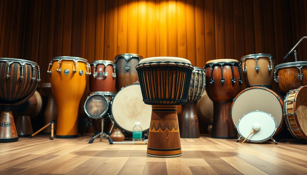 A beautifully arranged scene featuring a djembe among various percussion instruments, including a cajón, congas, and tambourines, displayed on a wooden stage. In the foreground, the djembe stands out with its intricately carved body and vibrant drumhead, inviting attention. The middle ground showcases the other percussion instruments in harmonious arrangement, creating a sense of diversity and richness in sound. The background features soft, warm lighting illuminating the instruments, creating an inviting atmosphere that encourages exploration of musical characteristics. Use a slightly low angle to emphasize the unique shapes and textures of each instrument, evoking a sense of depth. Aim for a lively yet tranquil mood, reflecting the communal spirit of percussion music. A beautifully arranged scene featuring a djembe among various percussion instruments, including a cajón, congas, and tambourines, displayed on a wooden stage. In the foreground, the djembe stands out with its intricately carved body and vibrant drumhead, inviting attention. The middle ground showcases the other percussion instruments in harmonious arrangement, creating a sense of diversity and richness in sound. The background features soft, warm lighting illuminating the instruments, creating an inviting atmosphere that encourages exploration of musical characteristics. Use a slightly low angle to emphasize the unique shapes and textures of each instrument, evoking a sense of depth. Aim for a lively yet tranquil mood, reflecting the communal spirit of percussion music.