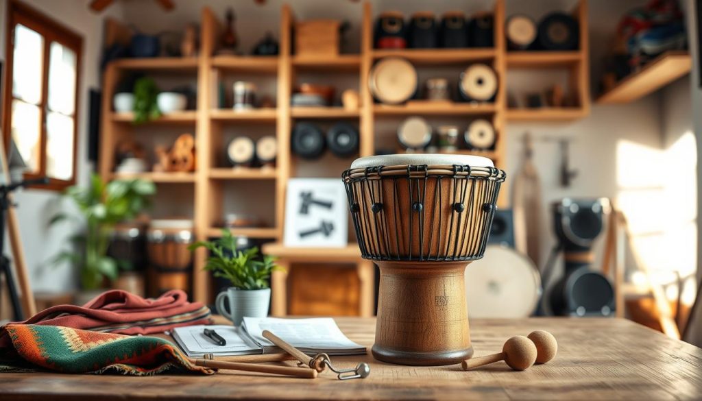 A beautifully arranged scene focusing on a djembe drum placed prominently in the foreground, showcasing its intricate carvings and natural wood finish. Surrounding the djembe, a few practical accessories like a drum tuning key, felt mallets, and a care guide for choosing the right drum. In the middle ground, a well-organized workspace, featuring vibrant fabric swatches and a small potted plant, hints at creativity and craftsmanship. The background fades softly into a warm, inviting studio space with wooden shelves displaying various percussion instruments. Soft, natural lighting streams in from a window, casting gentle shadows and creating a cozy, inspirational atmosphere. The overall mood is informative yet creative, emphasizing the joy of selecting a quality djembe. A beautifully arranged scene focusing on a djembe drum placed prominently in the foreground, showcasing its intricate carvings and natural wood finish. Surrounding the djembe, a few practical accessories like a drum tuning key, felt mallets, and a care guide for choosing the right drum. In the middle ground, a well-organized workspace, featuring vibrant fabric swatches and a small potted plant, hints at creativity and craftsmanship. The background fades softly into a warm, inviting studio space with wooden shelves displaying various percussion instruments. Soft, natural lighting streams in from a window, casting gentle shadows and creating a cozy, inspirational atmosphere. The overall mood is informative yet creative, emphasizing the joy of selecting a quality djembe.