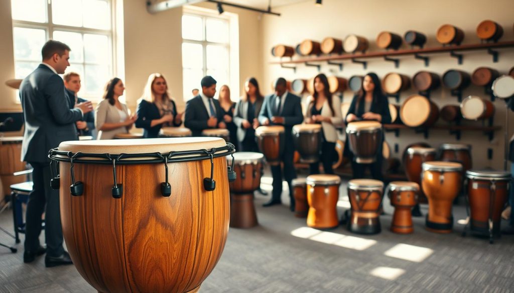 A beautifully crafted djembe drum in the foreground, showcasing its exquisite wood grain and intricate carvings, representing an ideal size for diverse body types. In the middle ground, a diverse group of individuals, dressed in professional attire, are experimenting with different djembes, highlighting the importance of matching drum size to physique. The background features a warm, inviting music studio filled with natural light, highlighting drums of various sizes and shapes on display. The scene conveys a sense of community and learning, with soft shadows emphasizing the craftsmanship of the instruments. The atmosphere is energetic yet serene, promoting the joy of musical exploration and personalization. A beautifully crafted djembe drum in the foreground, showcasing its exquisite wood grain and intricate carvings, representing an ideal size for diverse body types. In the middle ground, a diverse group of individuals, dressed in professional attire, are experimenting with different djembes, highlighting the importance of matching drum size to physique. The background features a warm, inviting music studio filled with natural light, highlighting drums of various sizes and shapes on display. The scene conveys a sense of community and learning, with soft shadows emphasizing the craftsmanship of the instruments. The atmosphere is energetic yet serene, promoting the joy of musical exploration and personalization.