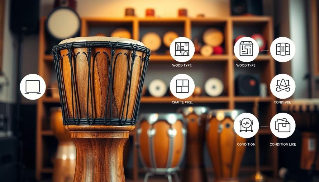 A beautifully crafted djembé placed prominently in the foreground, showcasing its intricate carvings and vibrant natural wood colors. Surrounding the djembé, a selection of essential criteria influencing its price, depicted as small, detailed icons—such as wood type, craftsmanship level, and condition—artfully integrated into the scene. In the middle ground, soft, diffused lighting illuminates the instruments, enhancing the textures and details of the djembé. The background features a warm, inviting environment resembling a music studio, with blurred shelves holding various percussion instruments. The overall mood is professional yet creative, emphasizing the value of quality in musical craftsmanship. The composition encourages viewers to appreciate the beauty and details that determine the price of a djembé. A beautifully crafted djembé placed prominently in the foreground, showcasing its intricate carvings and vibrant natural wood colors. Surrounding the djembé, a selection of essential criteria influencing its price, depicted as small, detailed icons—such as wood type, craftsmanship level, and condition—artfully integrated into the scene. In the middle ground, soft, diffused lighting illuminates the instruments, enhancing the textures and details of the djembé. The background features a warm, inviting environment resembling a music studio, with blurred shelves holding various percussion instruments. The overall mood is professional yet creative, emphasizing the value of quality in musical craftsmanship. The composition encourages viewers to appreciate the beauty and details that determine the price of a djembé.