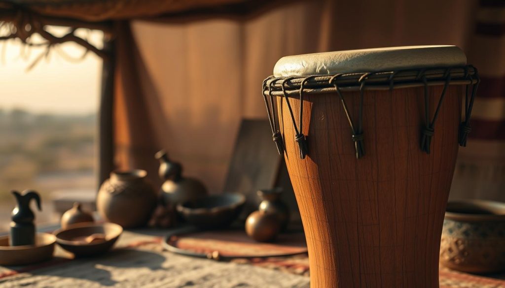 A beautifully crafted djembé prominently displayed in the foreground, showcasing its intricate carvings and rich, warm wood tones. The drum has a traditional goat skin head, slightly glowing under soft, natural lighting that highlights the textures. In the middle ground, a warm-toned, earthy atmosphere reflects the historical roots of the djembé, with subtle elements like a woven African textile and decorative artifacts hinting at its cultural significance. In the background, shadowy outlines of distant trees and a softly blurred sunset create a serene, inviting mood. The scene captures a sense of connection to the rhythms of West African music, inviting viewers to appreciate the heritage and craftsmanship of the djembé. The composition reflects a harmonious blend of tradition and artistry, creating an evocative, visually engaging image. A beautifully crafted djembé prominently displayed in the foreground, showcasing its intricate carvings and rich, warm wood tones. The drum has a traditional goat skin head, slightly glowing under soft, natural lighting that highlights the textures. In the middle ground, a warm-toned, earthy atmosphere reflects the historical roots of the djembé, with subtle elements like a woven African textile and decorative artifacts hinting at its cultural significance. In the background, shadowy outlines of distant trees and a softly blurred sunset create a serene, inviting mood. The scene captures a sense of connection to the rhythms of West African music, inviting viewers to appreciate the heritage and craftsmanship of the djembé. The composition reflects a harmonious blend of tradition and artistry, creating an evocative, visually engaging image.