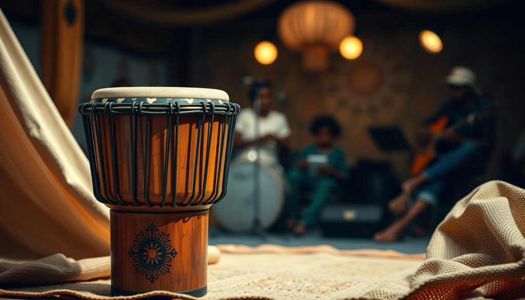 A beautifully crafted djembé, showcasing its intricate design and craftsmanship, sits prominently in the foreground. The wooden body features traditional carvings and a rich, warm finish, reflecting the light gently. The drumhead is stretched tightly over the top, displaying its textured surface ready for play. In the middle ground, soft fabric and natural materials frame the djembé, hinting at its cultural roots. The background features a blurred scene of a lively music setting, with warm, ambient lighting creating an inviting atmosphere. A shallow depth of field focuses on the djembé, while a soft glow enhances its rich colors, evoking a sense of rhythm and connection to its origins. A beautifully crafted djembé, showcasing its intricate design and craftsmanship, sits prominently in the foreground. The wooden body features traditional carvings and a rich, warm finish, reflecting the light gently. The drumhead is stretched tightly over the top, displaying its textured surface ready for play. In the middle ground, soft fabric and natural materials frame the djembé, hinting at its cultural roots. The background features a blurred scene of a lively music setting, with warm, ambient lighting creating an inviting atmosphere. A shallow depth of field focuses on the djembé, while a soft glow enhances its rich colors, evoking a sense of rhythm and connection to its origins.