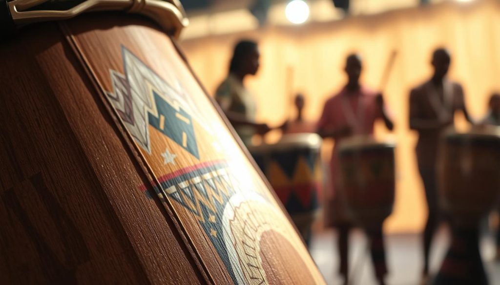 A close-up of a traditional djembé drum, showcasing its beautifully crafted skin membrane stretched tightly across the wooden body. In the foreground, the rich textures of the drum skin are highlighted, with the intricate details of its natural fibers visible. The middle ground features vibrant tribal patterns painted on the drum, representing its cultural significance. Soft, warm lighting casts gentle shadows, enhancing the depth of the textures and colors. In the background, blurred silhouettes of musicians playing djembé drums create a dynamic atmosphere, evoking a sense of rhythm and energy. The overall mood is lively and celebratory, emphasizing the vital role of the drum skin in producing rich, resonant sounds that define the djembé.