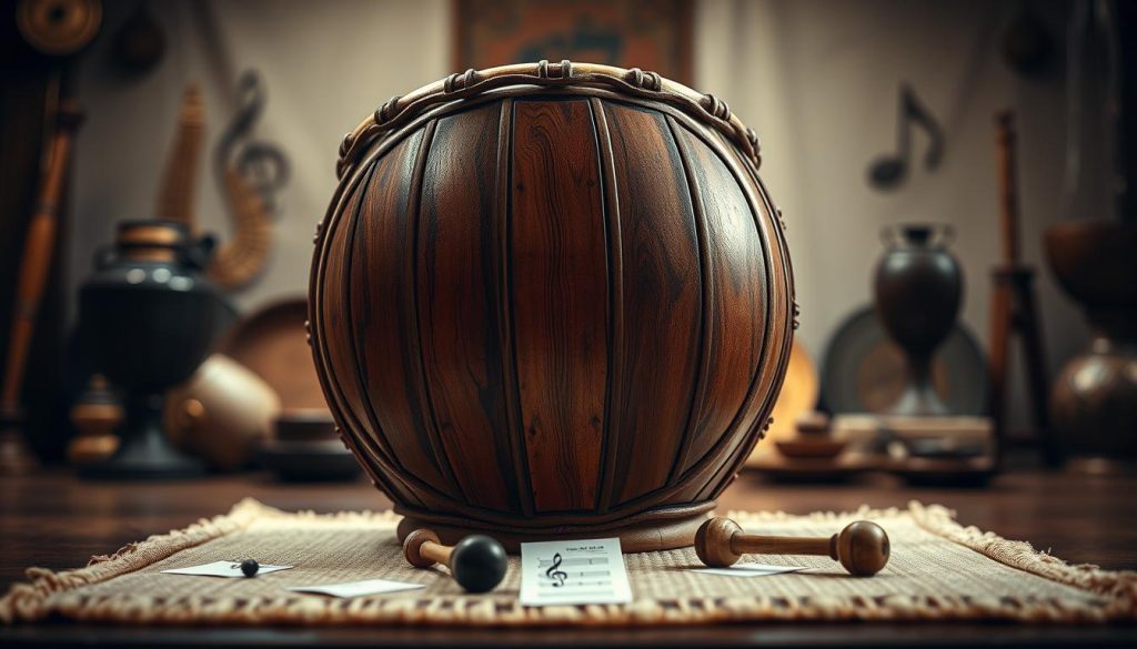 A detailed representation of a tam-tam drum, showcasing its unique physical characteristics. In the foreground, the tam-tam should be displayed prominently, highlighting its large, round shape, carved wooden body, and traditional decorative patterns. The drumhead should be taut and visible, emphasizing its skin texture. In the middle ground, include subtle musical elements like mallets and notes floating around, creating a sense of rhythm. The background should feature a warm, softly lit setting that enhances the natural colors of the drum, perhaps with rustic wooden textures or cultural artifacts. The mood should convey a rich cultural atmosphere, inviting viewers to appreciate the tam-tam's beauty and craftsmanship. Use soft, diffused lighting to create a warm, inviting ambiance, shot from a slight angle for depth.