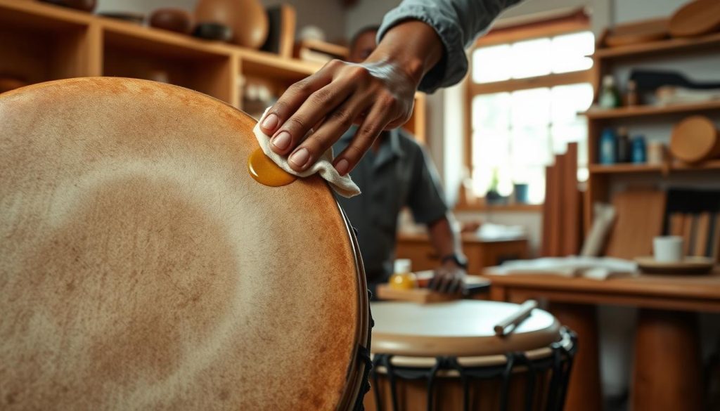 A detailed view of a traditional djembé drum with a focus on its animal skin head, showcasing textures and natural imperfections. In the foreground, a skilled artisan is gently applying a conditioning oil with a soft cloth, highlighting the importance of maintenance for longevity. The artisan wears modest, professional attire, ensuring a respectful presentation. In the middle ground, various tools and products for drum care are displayed, including brushes, oils, and cloths, arranged neatly. The background features a softly lit workshop setting with wooden shelves and natural light filtering through a window, creating a warm and inviting atmosphere. The overall mood conveys craftsmanship, dedication to care, and sustainability in musical instruments.
