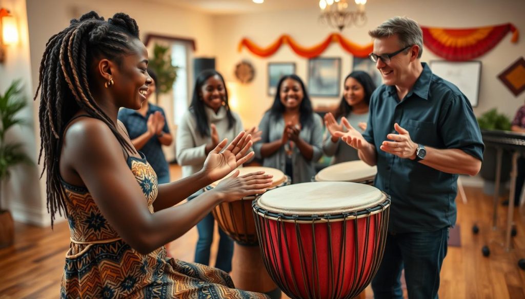 A tranquil indoor setting showcasing a diverse group of individuals, ranging from beginners to intermediate level, gathered around a vibrant djembé drum. In the foreground, a young woman of African descent plays the djembé with enthusiasm, demonstrating proper hand techniques. Beside her, a middle-aged man of Caucasian descent offers encouraging tips, clapping along to the rhythm. In the background, a warm, inviting atmosphere is created by soft ambient lighting, with wooden flooring and colorful decorations reflecting West African culture. The focus is on joyful collaboration and learning, emphasizing community and the spirit of making music together. Capture the energy of the moment with a slight depth of field, drawing attention to the players while softly blurring the backdrop. A tranquil indoor setting showcasing a diverse group of individuals, ranging from beginners to intermediate level, gathered around a vibrant djembé drum. In the foreground, a young woman of African descent plays the djembé with enthusiasm, demonstrating proper hand techniques. Beside her, a middle-aged man of Caucasian descent offers encouraging tips, clapping along to the rhythm. In the background, a warm, inviting atmosphere is created by soft ambient lighting, with wooden flooring and colorful decorations reflecting West African culture. The focus is on joyful collaboration and learning, emphasizing community and the spirit of making music together. Capture the energy of the moment with a slight depth of field, drawing attention to the players while softly blurring the backdrop.