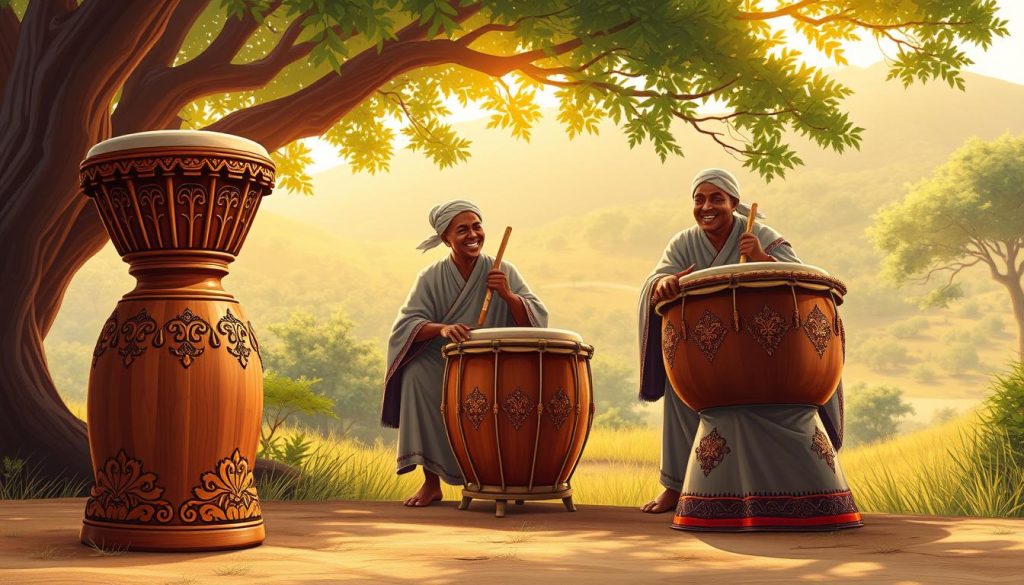 A vibrant, detailed illustration showcasing the historical origins of the djembé and the tam-tam. In the foreground, feature a beautifully crafted djembé crafted from polished wood with intricate carvings, alongside a traditional tam-tam with ornate embellishments. The middle ground captures musicians in modest attire playing these instruments, expressing joy and rhythm, with warm smiles and lively hand movements. In the background, depict a lush African landscape with soft, golden sunlight filtering through trees, creating a serene, inviting atmosphere. The image should evoke a sense of cultural richness and heritage, with gentle shadows adding depth and warmth, giving a glimpse into the historical significance of these iconic instruments.