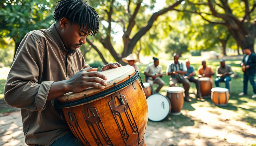A vibrant outdoor scene featuring a skilled musician playing a djembé, showcasing the instrument's unique craftsmanship with intricate carvings and a polished wooden surface. In the foreground, the musician, dressed in comfortable, modest attire, focuses intently on the drum, capturing the energy of a rhythmic performance. The middle ground features a diverse group of musicians engaged in a collaborative session, with various percussion instruments around them, emphasizing the communal aspect of drumming. The background is filled with soft greenery and warm sunlight filtering through trees, creating an inviting, lively atmosphere. The image is illuminated by soft, natural light, shot from a low angle to highlight the musician's expression and the drum, evoking a sense of connection between artist and instrument. A vibrant outdoor scene featuring a skilled musician playing a djembé, showcasing the instrument's unique craftsmanship with intricate carvings and a polished wooden surface. In the foreground, the musician, dressed in comfortable, modest attire, focuses intently on the drum, capturing the energy of a rhythmic performance. The middle ground features a diverse group of musicians engaged in a collaborative session, with various percussion instruments around them, emphasizing the communal aspect of drumming. The background is filled with soft greenery and warm sunlight filtering through trees, creating an inviting, lively atmosphere. The image is illuminated by soft, natural light, shot from a low angle to highlight the musician's expression and the drum, evoking a sense of connection between artist and instrument.