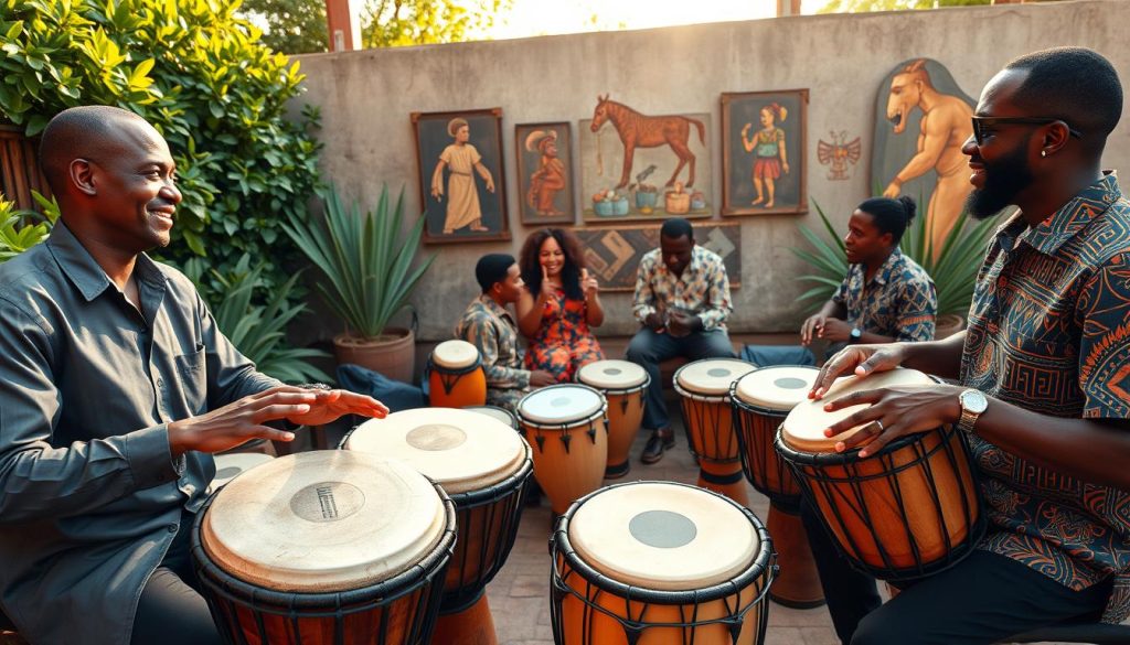 A vibrant outdoor scene showcasing a diverse group of musicians engaging with djembé and African drums. In the foreground, two people in professional attire passionately playing djembés, their expressions reflecting joy and concentration. In the middle, a small ensemble of musicians, including a woman in a colorful dress and a man in a traditional shirt, playing various African drums, creating a lively atmosphere. The background features lush greenery and traditional African art, enhancing the cultural context. The scene is illuminated by warm, golden sunlight, casting soft shadows and adding a sense of warmth and community. Capture a wide-angle perspective to emphasize the social interaction and harmony of music-making, evoking a feeling of celebration and cultural richness. A vibrant outdoor scene showcasing a diverse group of musicians engaging with djembé and African drums. In the foreground, two people in professional attire passionately playing djembés, their expressions reflecting joy and concentration. In the middle, a small ensemble of musicians, including a woman in a colorful dress and a man in a traditional shirt, playing various African drums, creating a lively atmosphere. The background features lush greenery and traditional African art, enhancing the cultural context. The scene is illuminated by warm, golden sunlight, casting soft shadows and adding a sense of warmth and community. Capture a wide-angle perspective to emphasize the social interaction and harmony of music-making, evoking a feeling of celebration and cultural richness.
