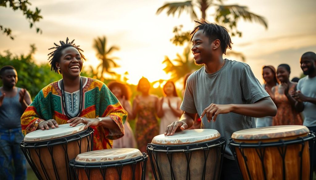 A vibrant scene capturing the essence of djembé culture and music, featuring a group of four musicians in a lively, open-air setting. In the foreground, two individuals enthusiastically playing djembés, their expressions filled with joy and concentration. One wears a colorful traditional outfit while the other is in modest casual attire. In the middle ground, onlookers are engaged, clapping and dancing to the rhythm, showcasing unity through music. The background reveals lush greenery and a sunset sky, casting a warm, golden light over the scene. Use a shallow depth of field to add focus on the musicians while softly blurring the crowd. The mood is festive, energetic, and celebratory, illuminating the rich cultural heritage of the djembé. A vibrant scene capturing the essence of djembé culture and music, featuring a group of four musicians in a lively, open-air setting. In the foreground, two individuals enthusiastically playing djembés, their expressions filled with joy and concentration. One wears a colorful traditional outfit while the other is in modest casual attire. In the middle ground, onlookers are engaged, clapping and dancing to the rhythm, showcasing unity through music. The background reveals lush greenery and a sunset sky, casting a warm, golden light over the scene. Use a shallow depth of field to add focus on the musicians while softly blurring the crowd. The mood is festive, energetic, and celebratory, illuminating the rich cultural heritage of the djembé.