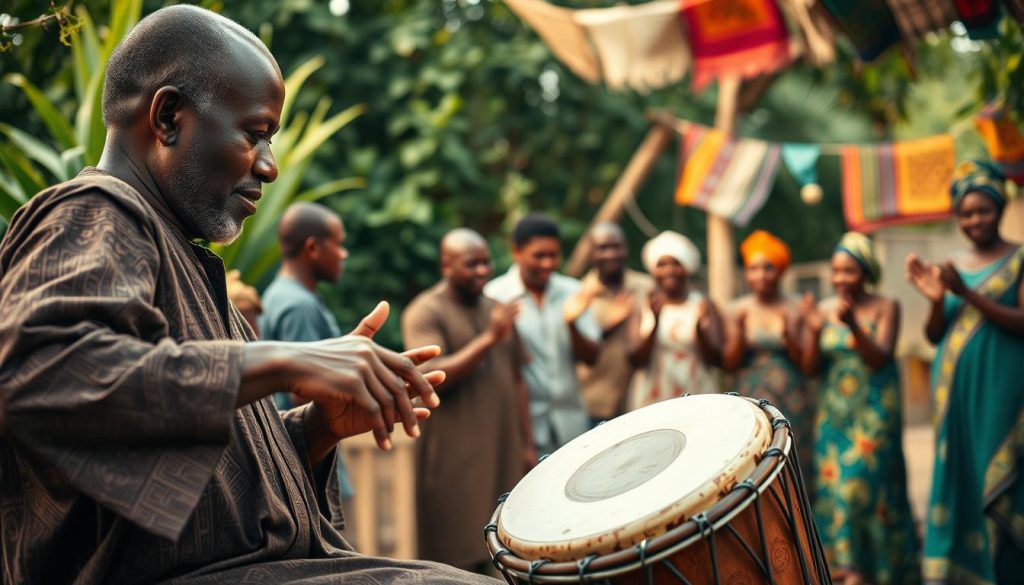 A vibrant scene depicting the cultural and symbolic significance of the djembé in West African society. In the foreground, a skilled musician playing a beautifully crafted djembé, with intricate carvings visible on the drum surface. The musician, a middle-aged man wearing traditional attire, focuses intently on the rhythm, his hands gracefully striking the drum. In the middle ground, a small group of individuals, including men and women of diverse ages and backgrounds, gather in a lively outdoor setting, clapping and dancing to the music, showcasing the communal spirit and joy associated with djembé playing. The background features lush greenery typical of West Africa, with colorful fabrics hanging nearby, enhancing the festive atmosphere. Soft, warm lighting illuminates the scene, creating an inviting and celebratory mood, while a shallow depth of field draws attention to the musician at the forefront. A vibrant scene depicting the cultural and symbolic significance of the djembé in West African society. In the foreground, a skilled musician playing a beautifully crafted djembé, with intricate carvings visible on the drum surface. The musician, a middle-aged man wearing traditional attire, focuses intently on the rhythm, his hands gracefully striking the drum. In the middle ground, a small group of individuals, including men and women of diverse ages and backgrounds, gather in a lively outdoor setting, clapping and dancing to the music, showcasing the communal spirit and joy associated with djembé playing. The background features lush greenery typical of West Africa, with colorful fabrics hanging nearby, enhancing the festive atmosphere. Soft, warm lighting illuminates the scene, creating an inviting and celebratory mood, while a shallow depth of field draws attention to the musician at the forefront.
