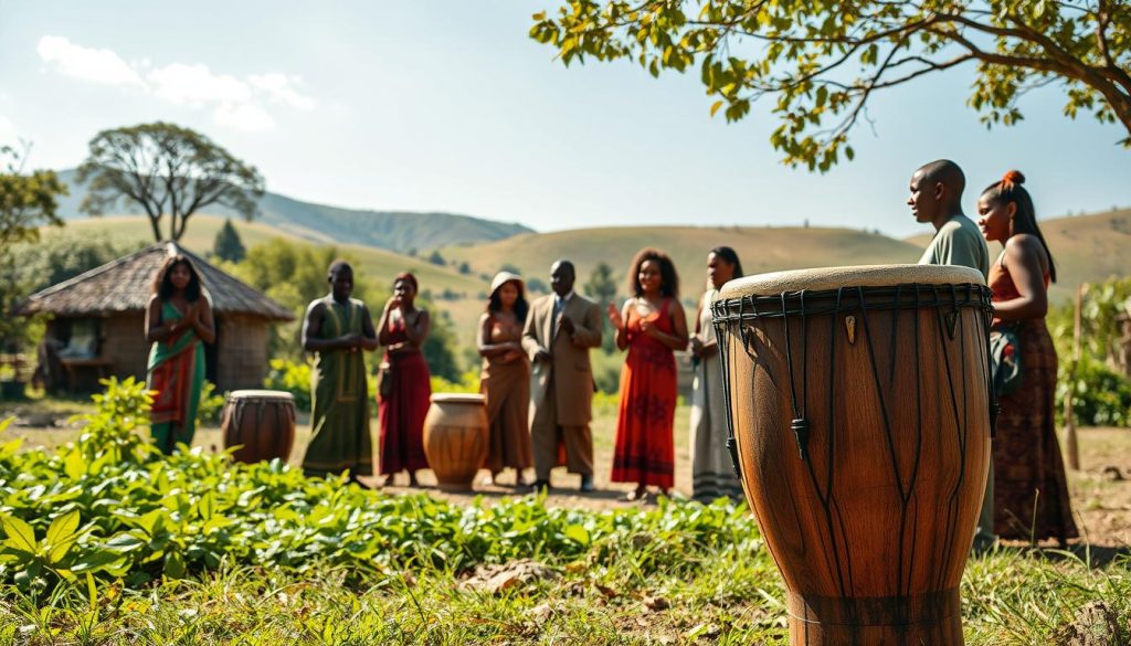 A vibrant scene depicting the origins and history of the djembe in West Africa. In the foreground, an intricately carved wooden djembe drum sits prominently, showcasing its beautiful patterns and natural textures. Surrounding the drum, a diverse group of musicians in traditional yet modest attire engage in a spirited performance, with expressions of joy and cultural pride. In the middle ground, lush green vegetation and traditional African huts create an authentic setting, while soft sunlight filters through the trees, casting dappled shadows. The background features rolling hills with a clear blue sky, enhancing the lively atmosphere. The composition captures a sense of community and celebration, reflecting the rich cultural heritage of West African percussion. The image should have warm lighting, giving it an inviting feel. A vibrant scene depicting the origins and history of the djembe in West Africa. In the foreground, an intricately carved wooden djembe drum sits prominently, showcasing its beautiful patterns and natural textures. Surrounding the drum, a diverse group of musicians in traditional yet modest attire engage in a spirited performance, with expressions of joy and cultural pride. In the middle ground, lush green vegetation and traditional African huts create an authentic setting, while soft sunlight filters through the trees, casting dappled shadows. The background features rolling hills with a clear blue sky, enhancing the lively atmosphere. The composition captures a sense of community and celebration, reflecting the rich cultural heritage of West African percussion. The image should have warm lighting, giving it an inviting feel.