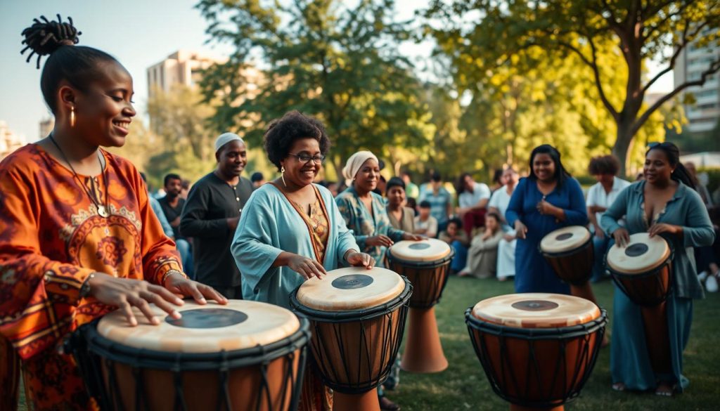 A vibrant scene showcasing a diverse group of musicians engaged in a lively outdoor djembé performance. In the foreground, several individuals of different ethnic backgrounds play djembés with passion, wearing colorful, modest clothing. The middle ground captures a small audience, also diverse, enjoying the rhythm while seated on a grassy area under the gentle warmth of sunlight. In the background, trees and urban buildings indicate the global reach of the djembé culture. Soft, natural lighting enhances the lively atmosphere, and the angle captures the energy of the performance from a slightly low perspective, emphasizing the musicians' expressions and the swirling motion of their hands on the drums. The mood is joyous and communal, celebrating cultural exchange and musical unity. A vibrant scene showcasing a diverse group of musicians engaged in a lively outdoor djembé performance. In the foreground, several individuals of different ethnic backgrounds play djembés with passion, wearing colorful, modest clothing. The middle ground captures a small audience, also diverse, enjoying the rhythm while seated on a grassy area under the gentle warmth of sunlight. In the background, trees and urban buildings indicate the global reach of the djembé culture. Soft, natural lighting enhances the lively atmosphere, and the angle captures the energy of the performance from a slightly low perspective, emphasizing the musicians' expressions and the swirling motion of their hands on the drums. The mood is joyous and communal, celebrating cultural exchange and musical unity.