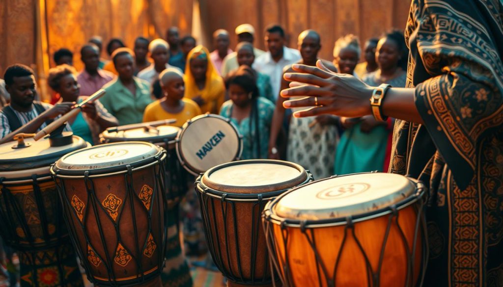 A vibrant scene showcasing the rhythmic techniques of djembé and African drums in action. In the foreground, a skilled musician dressed in traditional attire expertly plays a djembé, with expressive hand movements capturing the essence of the sound. The middle ground features diverse percussion instruments, like a balafon and djembe, surrounded by intricate patterns and textures reminiscent of African art. The background features a colorful, lively gathering of people enjoying the performance, with warm golden lighting that casts soft shadows, creating an inviting atmosphere. The angle captures the dynamic motion of drumming, highlighting both the instrument's craftsmanship and the musician's passionate expression, evoking a sense of cultural celebration and unity. A vibrant scene showcasing the rhythmic techniques of djembé and African drums in action. In the foreground, a skilled musician dressed in traditional attire expertly plays a djembé, with expressive hand movements capturing the essence of the sound. The middle ground features diverse percussion instruments, like a balafon and djembe, surrounded by intricate patterns and textures reminiscent of African art. The background features a colorful, lively gathering of people enjoying the performance, with warm golden lighting that casts soft shadows, creating an inviting atmosphere. The angle captures the dynamic motion of drumming, highlighting both the instrument's craftsmanship and the musician's passionate expression, evoking a sense of cultural celebration and unity.