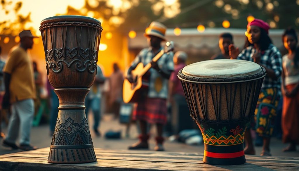 A visually striking comparative analysis of a djembé and an African drum, set against an engaging backdrop of a cultural festival. In the foreground, showcase a djembé carved from rich wood, adorned with intricate tribal patterns, emphasizing its unique shape and texture. Beside it, an African drum featuring a taut goat skin surface and vibrant, hand-painted decorations, highlighting its distinctive features. In the middle ground, musicians in modest casual clothing play rhythmically, capturing the spirit of the music. The background features an atmospheric outdoor setting with warm, golden lighting, suggesting a sunset. The overall mood is lively and inviting, reflecting the rich cultural heritage of African music, with focus on the nuances that differentiate these two instruments. A visually striking comparative analysis of a djembé and an African drum, set against an engaging backdrop of a cultural festival. In the foreground, showcase a djembé carved from rich wood, adorned with intricate tribal patterns, emphasizing its unique shape and texture. Beside it, an African drum featuring a taut goat skin surface and vibrant, hand-painted decorations, highlighting its distinctive features. In the middle ground, musicians in modest casual clothing play rhythmically, capturing the spirit of the music. The background features an atmospheric outdoor setting with warm, golden lighting, suggesting a sunset. The overall mood is lively and inviting, reflecting the rich cultural heritage of African music, with focus on the nuances that differentiate these two instruments.