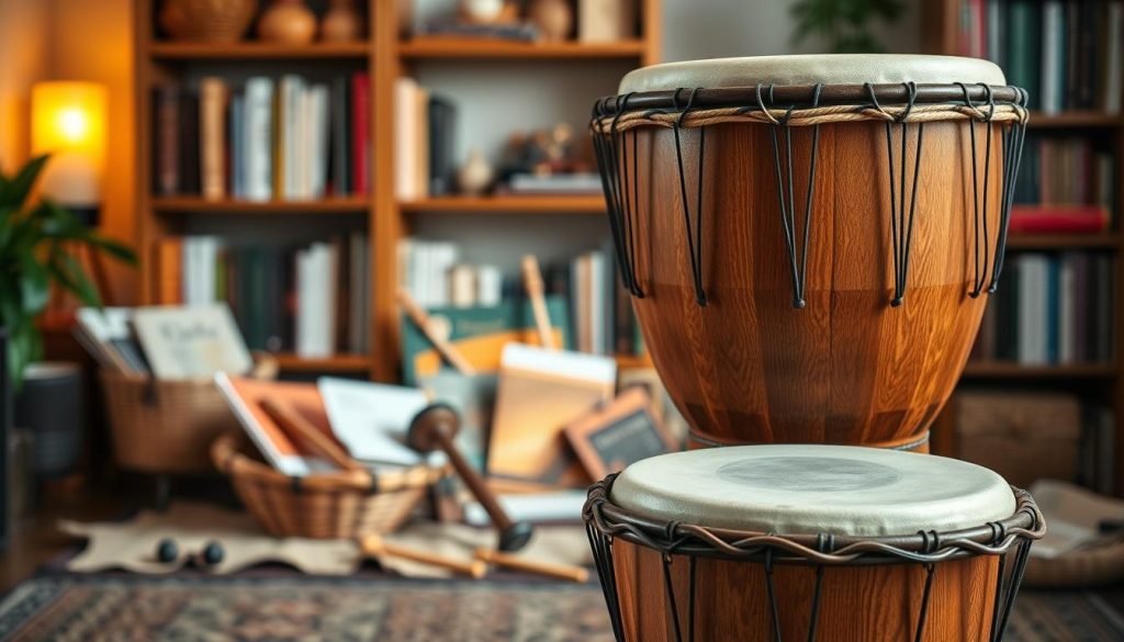 A well-crafted, affordable djembé suitable for beginner musicians is set in the foreground, showcasing its rich brown wooden texture and intricately woven goat skin drumhead. In the middle ground, display a selection of drum accessories, like mallets and educational materials, emphasizing a thoughtful investment in learning. The background suggests a cozy, inviting practice space with warm ambient lighting, perhaps with a soft-focus bookshelf filled with music books and cultural artifacts. The overall mood conveys a sense of dedication to music while highlighting the value of choosing the right instrument for one's skill level. Use natural lighting to create a welcoming atmosphere, and employ a slightly elevated angle to provide depth and focus on the djembé. A well-crafted, affordable djembé suitable for beginner musicians is set in the foreground, showcasing its rich brown wooden texture and intricately woven goat skin drumhead. In the middle ground, display a selection of drum accessories, like mallets and educational materials, emphasizing a thoughtful investment in learning. The background suggests a cozy, inviting practice space with warm ambient lighting, perhaps with a soft-focus bookshelf filled with music books and cultural artifacts. The overall mood conveys a sense of dedication to music while highlighting the value of choosing the right instrument for one's skill level. Use natural lighting to create a welcoming atmosphere, and employ a slightly elevated angle to provide depth and focus on the djembé.