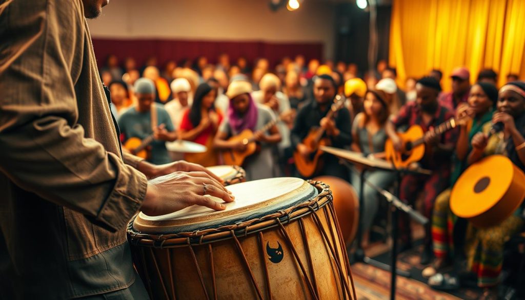 In a vibrant setting celebrating the influence of the African djembe drum in contemporary and universal music, the foreground features a skilled musician playing a djembe, with rich details in the instrument's textures and colors. The musician, dressed in modest casual clothing, exudes passion and energy, their hands moving skillfully across the drum's surface. In the middle ground, a diverse ensemble of musicians from various cultures play different instruments, blending traditional and modern elements, creating a harmonious atmosphere. The background features a colorful audience engaged in the performance, with warm lighting casting a golden glow, symbolizing the connection between cultures and the rhythm of music. The mood is lively and celebratory, capturing a moment of musical unity and inspiration. In a vibrant setting celebrating the influence of the African djembe drum in contemporary and universal music, the foreground features a skilled musician playing a djembe, with rich details in the instrument's textures and colors. The musician, dressed in modest casual clothing, exudes passion and energy, their hands moving skillfully across the drum's surface. In the middle ground, a diverse ensemble of musicians from various cultures play different instruments, blending traditional and modern elements, creating a harmonious atmosphere. The background features a colorful audience engaged in the performance, with warm lighting casting a golden glow, symbolizing the connection between cultures and the rhythm of music. The mood is lively and celebratory, capturing a moment of musical unity and inspiration.