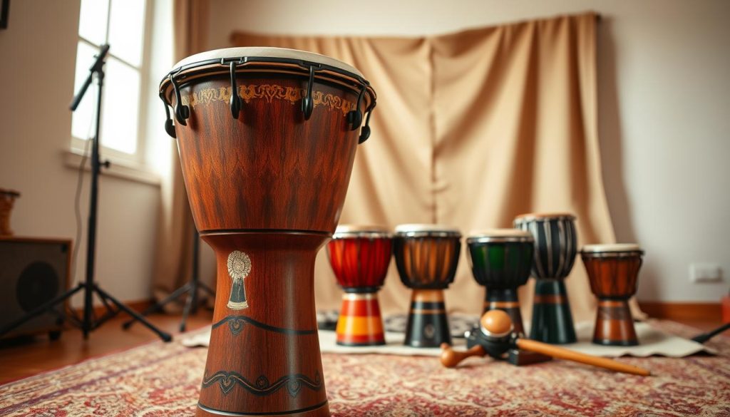 A beautifully crafted djembé sits prominently in the foreground, showcasing its rich textured wood and vibrant skin. The drum is adorned with intricate carvings that reflect traditional African art, highlighting the craftsmanship. In the middle ground, a selection of beginner-friendly djembés is displayed, varying in size and color, to illustrate different options on the market, arranged neatly on a soft fabric backdrop. The background features a warm, inviting music studio, with soft natural lighting filtering through a window, creating an atmosphere of creativity and inspiration. The overall mood is informative yet engaging, aiming to attract beginners who are curious about choosing the right djembé for their journey into music. The composition is framed with a slightly angled view to add depth and interest to the scene.