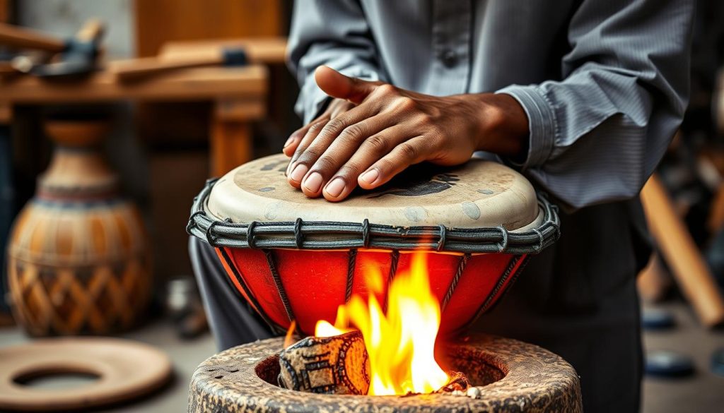A close-up of a skilled artisan gently warming the skin of a djembé drum over a small, controlled fire, located centrally in the foreground. The artisan is dressed in modest, professional clothing, showcasing their concentration and dedication. Surrounding the drum, intricate details of the wooden texture and the vibrant colors of the drum are highlighted, reflecting the artistry involved. In the middle ground, warm light from the fire casts a soft glow on the artisan's hands, emphasizing the care taken in this process. The background features a blurred workshop setting, with tools and drum-making materials adding to the atmosphere of craftsmanship. The overall mood is focused and serene, encapsulating the importance of proper maintenance to prolong the life of the djembé. A close-up of a skilled artisan gently warming the skin of a djembé drum over a small, controlled fire, located centrally in the foreground. The artisan is dressed in modest, professional clothing, showcasing their concentration and dedication. Surrounding the drum, intricate details of the wooden texture and the vibrant colors of the drum are highlighted, reflecting the artistry involved. In the middle ground, warm light from the fire casts a soft glow on the artisan's hands, emphasizing the care taken in this process. The background features a blurred workshop setting, with tools and drum-making materials adding to the atmosphere of craftsmanship. The overall mood is focused and serene, encapsulating the importance of proper maintenance to prolong the life of the djembé.