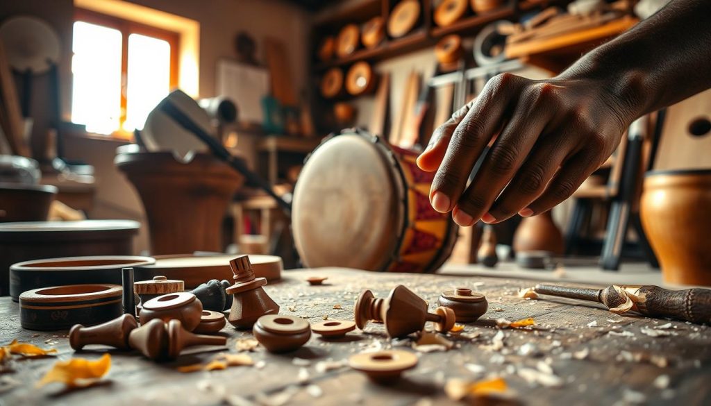 A close-up scene of a skilled artisan creating tension keys for a djembé, focusing on finely crafted wooden pieces with intricate designs. In the foreground, the artisan's hands skillfully manipulate tools, applying attention to detail as they carve and adjust the keys. The middle ground features a beautifully finished djembé, showcasing its drumhead and vibrant colors, while scattered tools and wood shavings add to the crafting atmosphere. The background includes a warm, softly lit workshop filled with other musical instruments and crafting supplies, creating an inviting, creative mood. Natural light filters through a nearby window, enhancing the textures of the wood and creating a serene ambiance. The image should evoke a sense of craftsmanship and dedication to the art of instrument tuning. A close-up scene of a skilled artisan creating tension keys for a djembé, focusing on finely crafted wooden pieces with intricate designs. In the foreground, the artisan's hands skillfully manipulate tools, applying attention to detail as they carve and adjust the keys. The middle ground features a beautifully finished djembé, showcasing its drumhead and vibrant colors, while scattered tools and wood shavings add to the crafting atmosphere. The background includes a warm, softly lit workshop filled with other musical instruments and crafting supplies, creating an inviting, creative mood. Natural light filters through a nearby window, enhancing the textures of the wood and creating a serene ambiance. The image should evoke a sense of craftsmanship and dedication to the art of instrument tuning.