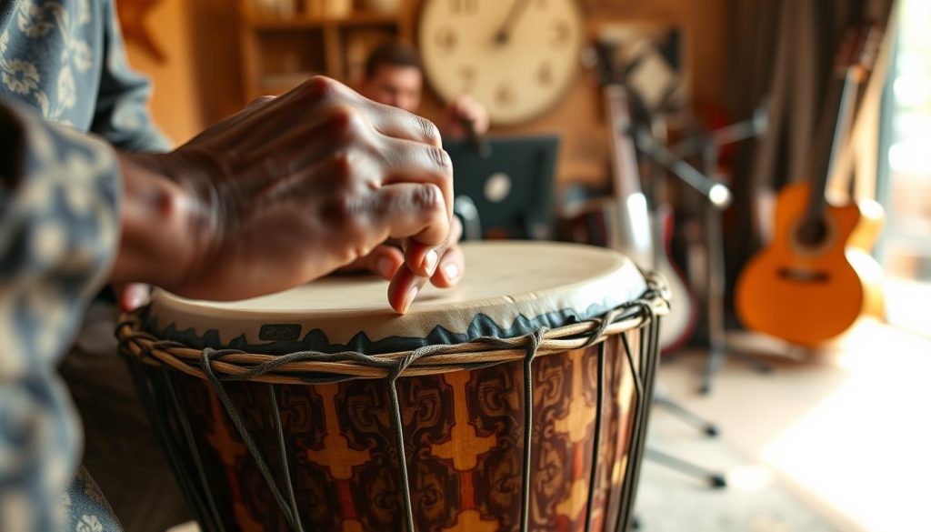 A close-up view of a skilled drummer playing a djembé, showcasing their hands mid-strike. The foreground highlights the expressive movements, with fingers striking the drum's surface, capturing the diverse techniques of bass, tonique, and claqué. The middle ground features a beautifully decorated djembé, displaying intricate carvings and vibrant colors. Soft, natural lighting filters in from the side, creating warm shadows that enhance the texture of the drum and the focused expression of the drummer. The background is a blurred scene of a cozy rehearsal space, lined with musical instruments, evoking a creative atmosphere. The overall mood is energetic and passionate, conveying the joy of mastering the art of djembé playing.