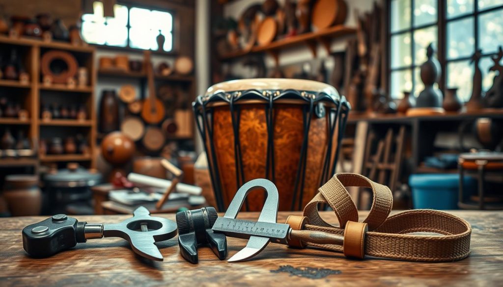 A detailed composition showcasing specific tools for tuning a djembe. In the foreground, display a set of unique, traditional tools such as a tuning key, measuring calipers, and adjustable straps arranged on a wooden workbench. The middle ground features a beautifully crafted djembe, its textured skin glistening under soft, warm lighting, emphasizing the craftsmanship. In the background, include an artisan workshop filled with shelves of musical instruments and wood carvings, bathed in natural light filtering through large windows, creating a serene and focused atmosphere. Capture the scene from a slightly elevated angle to provide depth, reflecting the artistry and dedication involved in the tuning process. The mood should be calm and inspiring, highlighting the intricate relationship between the tools and the craft of djembe tuning. A detailed composition showcasing specific tools for tuning a djembe. In the foreground, display a set of unique, traditional tools such as a tuning key, measuring calipers, and adjustable straps arranged on a wooden workbench. The middle ground features a beautifully crafted djembe, its textured skin glistening under soft, warm lighting, emphasizing the craftsmanship. In the background, include an artisan workshop filled with shelves of musical instruments and wood carvings, bathed in natural light filtering through large windows, creating a serene and focused atmosphere. Capture the scene from a slightly elevated angle to provide depth, reflecting the artistry and dedication involved in the tuning process. The mood should be calm and inspiring, highlighting the intricate relationship between the tools and the craft of djembe tuning.