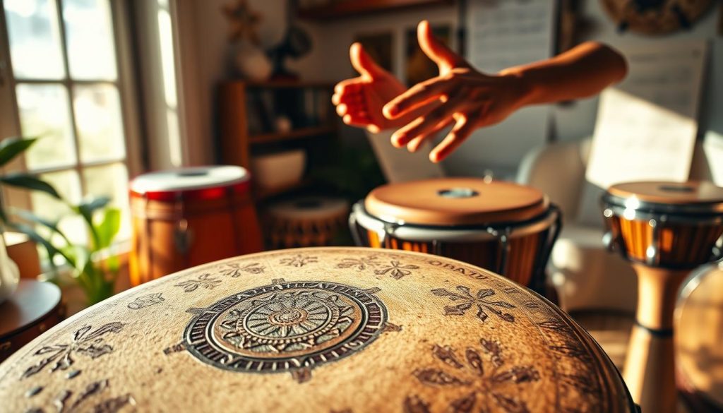 A dynamic composition featuring a close-up of a djembé drum in the foreground, its intricate carvings and textured surface clearly visible. In the middle ground, a pair of hands skillfully striking the drum, demonstrating basic rhythms, with fingers spread in a dance of percussion. The hands are dressed in modest, casual attire, reflecting a welcoming atmosphere for beginners. In the background, a soft focus reveals a cozy, sunlit room adorned with music sheets and additional percussion instruments, enhancing the learning environment. Warm, natural lighting illuminates the scene, casting gentle shadows that create depth. The overall mood is energetic and inviting, conveying a sense of enjoyment and creativity in learning basic rhythms on the djembé.