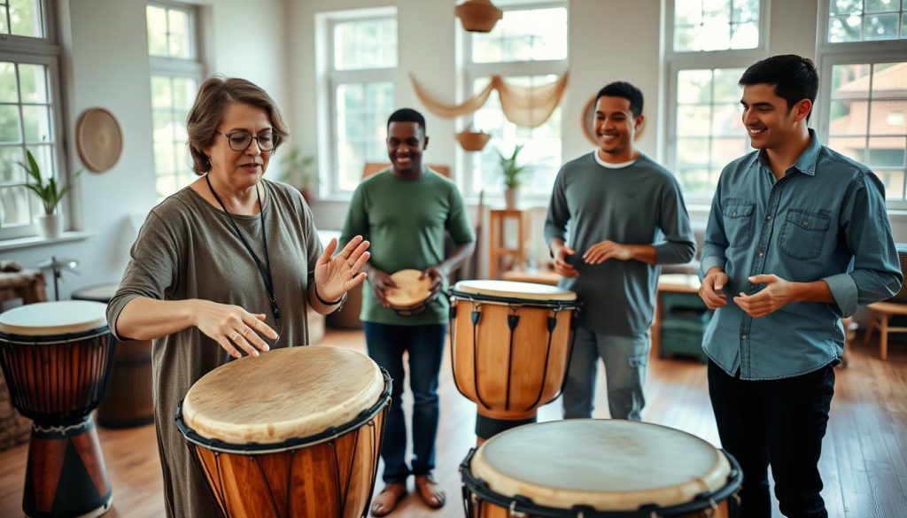 A focused and serene practice space showcasing a diverse group of beginners engaged in a djembé drumming session. In the foreground, a middle-aged woman in modest casual clothing is enthusiastically demonstrating hand techniques on a beautifully crafted djembé. Next to her, two young men, one in a green t-shirt and another in a light blue shirt, follow along, smiling with concentration. The middle ground depicts a wooden floor and traditional African decor, enhancing the cultural essence. In the background, large windows allow for natural light to flood the room, creating a warm and inviting atmosphere. The scene captures a sense of community and dedicated practice, evoking a mood of enthusiasm and learning.