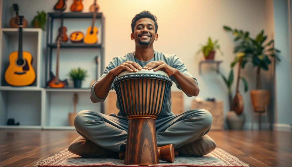 A focused scene of a person comfortably playing a djembé, showcasing proper posture. In the foreground, a male musician in modest casual clothing sits on a comfortable cushion, legs crossed, with hands poised over the drum. His back is straight, and his expression is relaxed yet engaged. The middle ground features a vibrant djembé, intricately designed, with warm earthy tones. The background includes blurred soft lighting that suggests a cozy practice space, with shelves of musical instruments and plants to evoke a calming atmosphere. A gentle spotlight highlights the musician, creating a serene and inviting mood, as if capturing a moment of joyful practice. The angle is slightly above eye level, enhancing the focus on the posture and technique. A focused scene of a person comfortably playing a djembé, showcasing proper posture. In the foreground, a male musician in modest casual clothing sits on a comfortable cushion, legs crossed, with hands poised over the drum. His back is straight, and his expression is relaxed yet engaged. The middle ground features a vibrant djembé, intricately designed, with warm earthy tones. The background includes blurred soft lighting that suggests a cozy practice space, with shelves of musical instruments and plants to evoke a calming atmosphere. A gentle spotlight highlights the musician, creating a serene and inviting mood, as if capturing a moment of joyful practice. The angle is slightly above eye level, enhancing the focus on the posture and technique.