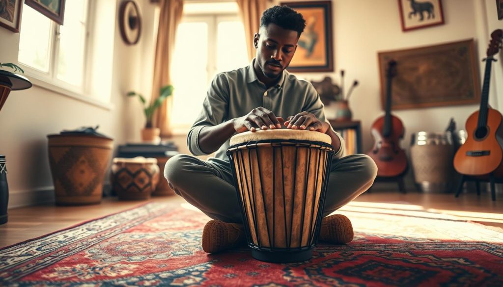 A focused, well-lit image showcasing a person sitting cross-legged on a vibrant rug, demonstrating the correct posture for playing the djembe drum. The individual, dressed in modest, casual clothing, embodies concentration and confidence as they lean slightly forward, hands positioned over the drum. Surrounding them, soft natural light filters in through a nearby window, creating a warm atmosphere. In the background, a cozy room is adorned with African art and musical instruments, emphasizing the cultural context of the djembe. A low angle captures the depth of the scene, highlighting the details of the drum's texture and the player's attentive expression. The overall mood conveys an inviting, educational ambiance, ideal for beginners learning the art of djembe playing.
