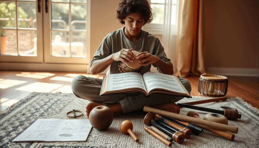 A serene indoor setting showcasing a young adult in modest, casual clothing, sitting cross-legged on a soft rug while playing a djembé. The foreground features the musician's focused expression, hands poised above the drum, with rhythmic energy radiating from the motion. In the middle ground, a large open book lies beside them, filled with notes and illustrations related to djembé techniques, surrounded by various handmade percussive instruments. The background includes warm, natural light filtering through a large window, casting gentle shadows and creating an inviting atmosphere. The overall mood is one of dedication and creativity, capturing the essence of self-directed learning in music. A serene indoor setting showcasing a young adult in modest, casual clothing, sitting cross-legged on a soft rug while playing a djembé. The foreground features the musician's focused expression, hands poised above the drum, with rhythmic energy radiating from the motion. In the middle ground, a large open book lies beside them, filled with notes and illustrations related to djembé techniques, surrounded by various handmade percussive instruments. The background includes warm, natural light filtering through a large window, casting gentle shadows and creating an inviting atmosphere. The overall mood is one of dedication and creativity, capturing the essence of self-directed learning in music.