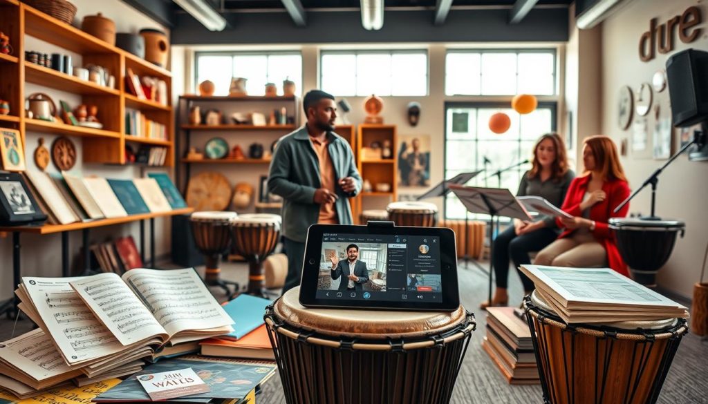 A vibrant, inviting scene displaying various resources for learning the djembe drum. In the foreground, a polished djembe sits surrounded by colorful sheet music, instructional books, and a tablet showing a video tutorial. The middle layer features a skilled instructor, dressed in casual yet professional clothing, demonstrating drum techniques, with engaged learners in modest attire taking notes and watching closely. The background includes a cozy, well-lit studio with natural light filtering through large windows, showcasing wooden shelves filled with percussion instruments, music stands, and decorations inspired by African culture. The mood is enthusiastic and collaborative, encouraging a sense of community and creativity in music learning.