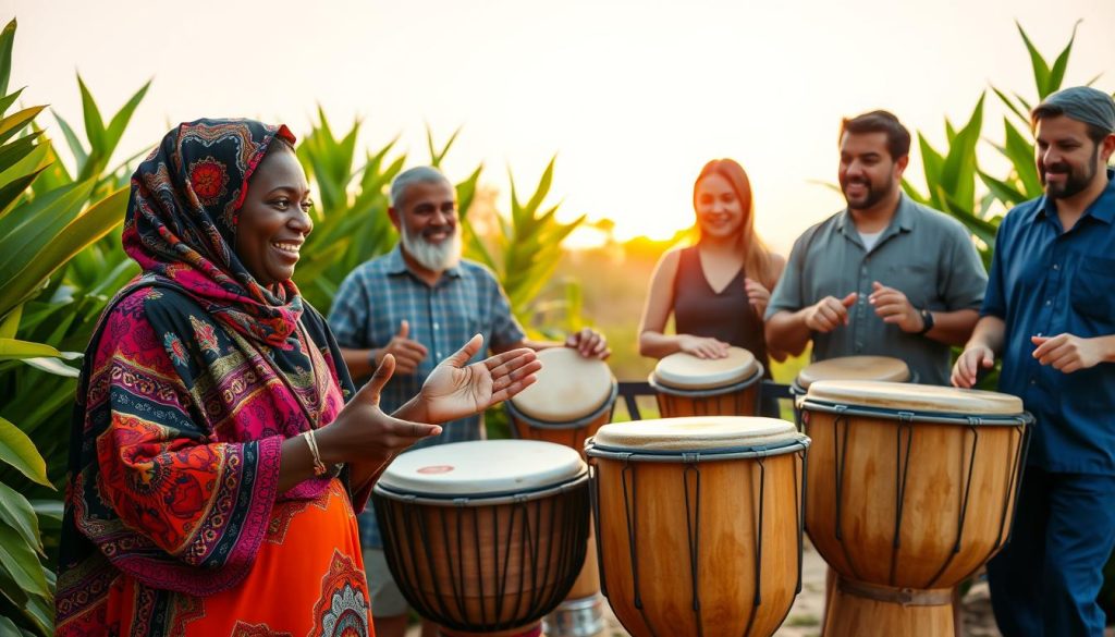 A vibrant outdoor scene showcasing a diverse group of individuals playing djembés, focusing on the basic rhythms. In the foreground, a young Black woman in colorful, modest attire is enthusiastically demonstrating a rhythmic pattern. Surrounding her are three other participants, a Middle-Eastern man, an Hispanic woman, and a Caucasian man, all fully engaged and playing their instruments with joy. The middle ground features an African sunset casting warm, golden light that highlights the musicians’ expressions. A neatly arranged set of djembés in various sizes is positioned around the group, while lush green plants frame the background, enhancing the lively atmosphere. The composition is shot from a slightly elevated angle, providing a dynamic view of the gathering and the shared energy of the experience.