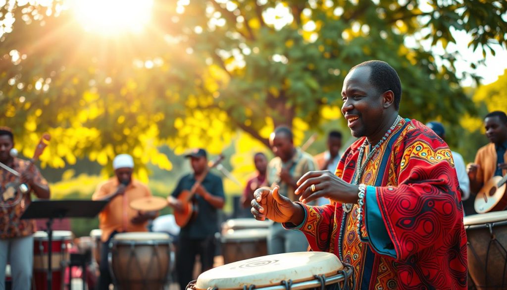 A vibrant scene capturing the essence of a djembé performance showcasing the three distinct sounds: bass, tonique, and claqué. In the foreground, a skilled drummer, dressed in colorful traditional attire, passionately plays a beautifully crafted djembé drum, with focused expressions illuminating their face. The middle ground features a dynamic group of musicians, harmonizing with various rhythmic instruments, creating a lively atmosphere. The background reveals an outdoor setting with warm, golden sunlight filtering through lush green trees, enhancing the rhythmical vibe of the moment. The scene is filled with energy and joy, reflecting the cultural significance of the djembé while emphasizing the unique auditory characteristics of bass, tonique, and claqué sounds. The overall mood is celebratory and engaging, inviting viewers to feel the music resonating through the image.