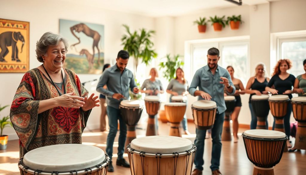 A vibrant scene depicting a diverse group of beginners learning traditional rhythms on djembés in a sunlit studio. In the foreground, a middle-aged woman with a joyful expression demonstrates hand techniques on her djembé, wearing a colorful tunic and comfortable pants. Beside her, a young man focuses intently, mimicking her moves, dressed in a casual shirt and jeans. In the middle ground, several other students engage, showcasing various body languages of concentration and enjoyment, with djembés of different sizes and patterns. The background features murals of African art and potted plants, emphasizing cultural significance. The atmosphere is warm and inviting, with soft natural light filtering in through large windows, creating a sense of community and learning. The image captures the essence of traditional music education, inspiring harmony and cultural appreciation. A vibrant scene depicting a diverse group of beginners learning traditional rhythms on djembés in a sunlit studio. In the foreground, a middle-aged woman with a joyful expression demonstrates hand techniques on her djembé, wearing a colorful tunic and comfortable pants. Beside her, a young man focuses intently, mimicking her moves, dressed in a casual shirt and jeans. In the middle ground, several other students engage, showcasing various body languages of concentration and enjoyment, with djembés of different sizes and patterns. The background features murals of African art and potted plants, emphasizing cultural significance. The atmosphere is warm and inviting, with soft natural light filtering in through large windows, creating a sense of community and learning. The image captures the essence of traditional music education, inspiring harmony and cultural appreciation.